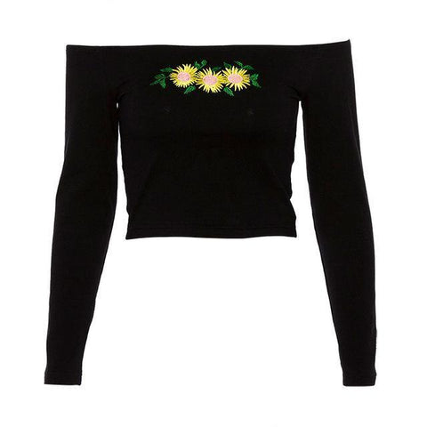 Embroidered Sunflower Cut Shoulder Top