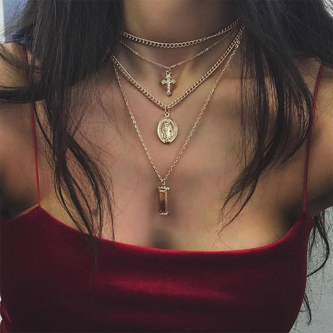 Cross Virgin Mary Gold Ingot Pendant Chain