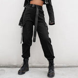 High Waisted Black Nylon Cargo Pants