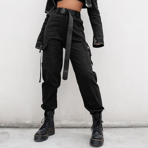 High Waisted Black Nylon Cargo Pants