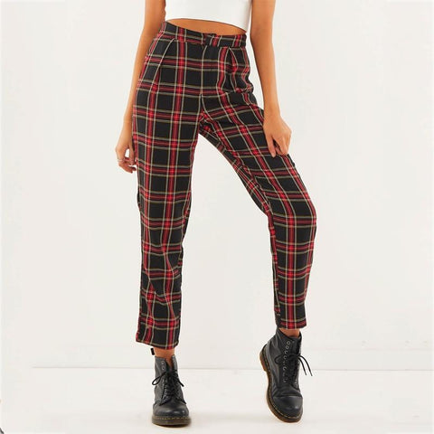 High Waist Cotton Plaid Trousers