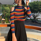 Cut Shoulder Striped Knit Sweater