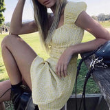 Yellow Floral Mini Dress With Puff Shoulder