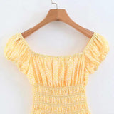 Yellow Floral Mini Dress With Puff Shoulder
