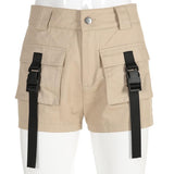 High Waisted Khaki Buckled Cargo Shorts