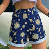 Sun Moon Stars Printed Denim Shorts