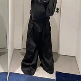 Wide Leg Drawstring Black Cargo Pants