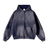 Oversize Long Sleeve Faded Washed Double Zipper Hoodies