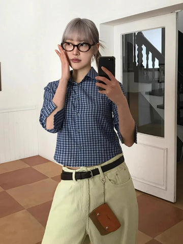 Cropped Women Korean Plaid Shirt