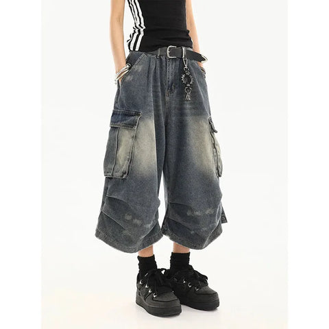 Vintage Washed Denim Cargo Shorts