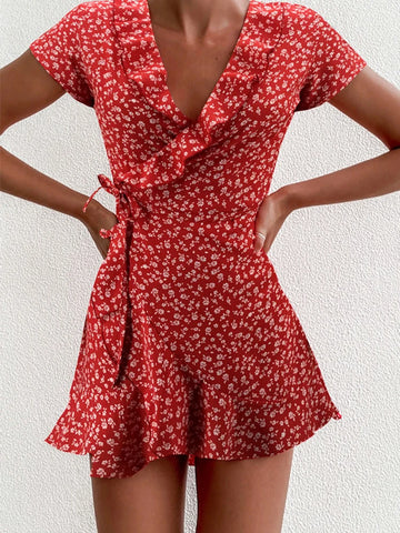 Floral Ruffles V-neck Mini Dress