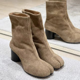 Thick-heeled Split-toe Tabi Suede Boots