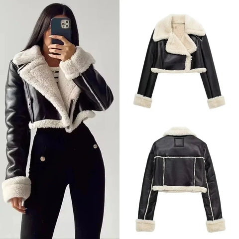 Cropped Sherpa Vegan Leather Jacket