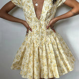 Yellow Summer Short sleeved V-neck Dress