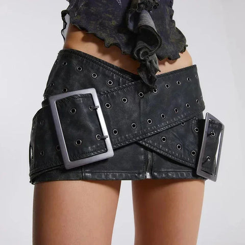 High Waist Slim Fit A-line Buckle Mini Skirt