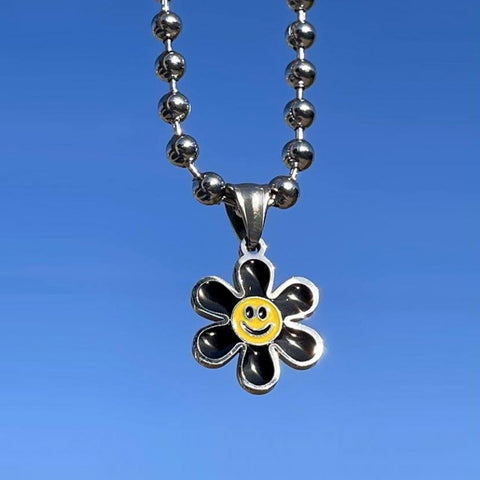 Black Flower Smiley Necklace