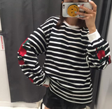 Embroidered Rose Sleeve Oversized Striped Pullover