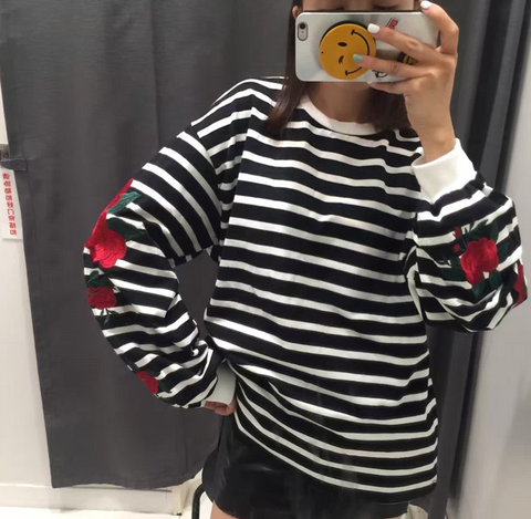 Embroidered Rose Sleeve Oversized Striped Pullover – White Market
