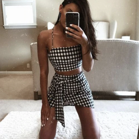 Gingham Crop Top & Mini Wrap Skirt Set (2 Piece)