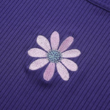 Purple Daisy Embroidered Ribbed Top