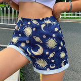 Sun Moon Stars Printed Denim Shorts
