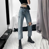 High Waisted Cut And Ripped Straight Leg Jeans