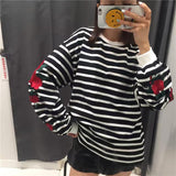 Embroidered Rose Sleeve Oversized Striped Pullover