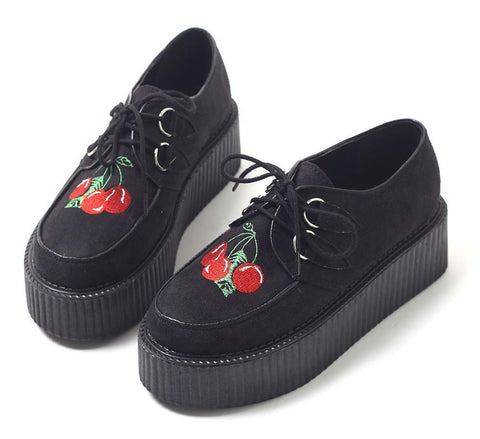 Cherry Embroidered Creeper Platform Shoes