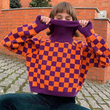 Checkerboard Turtleneck Sweater