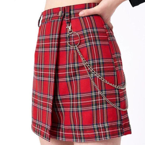 Vintage Red Plaid Skirt with Chain