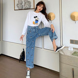 Micky Mouse Embroidered High Waisted Jeans