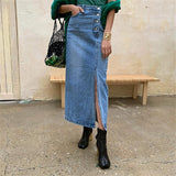 High Waisted Vintage  Split Denim Midi Skirt