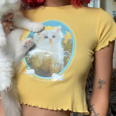 White Kitty Retro Top