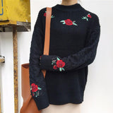 Rose Embroidered Mock Turtleneck Sweater