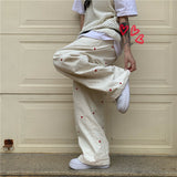 Heart Embroidered Baggy Straight Denim Trouser