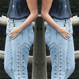 Mid Waisted Slim Straight Denim With Metal Rivets For Lace