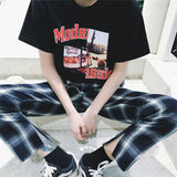 Vintage Plaid Casual Trousers With Metal Buckle