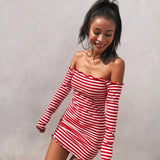 Ruffled Shoulder-less Striped Dress