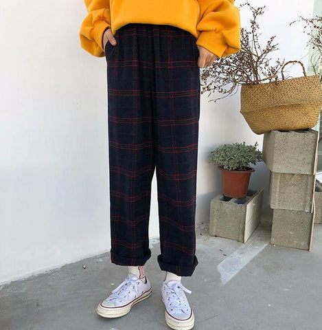 Straight Plaid Cotton Trousers