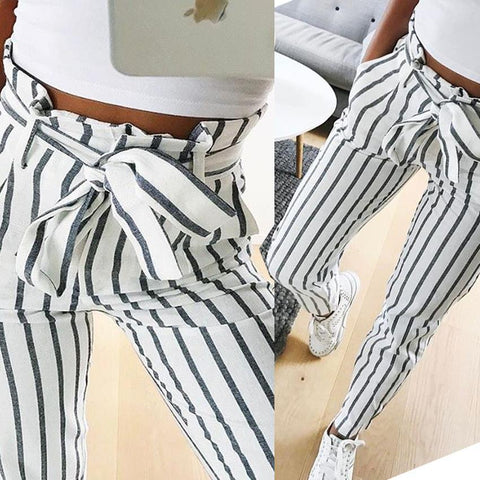 Striped Mid Waist Trousers With Belt