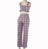 Pink Plaid Crop Top & Trousers Set