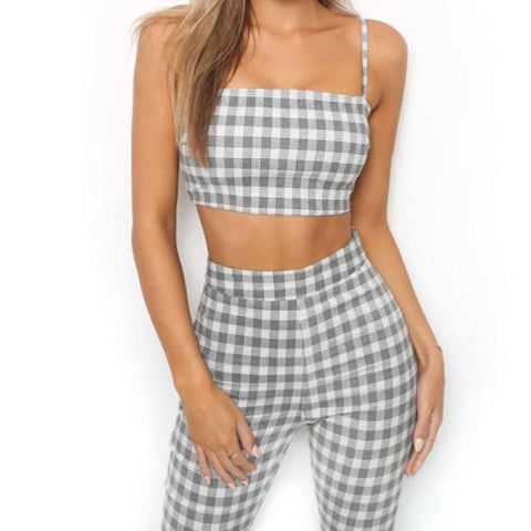 Grey Plaid Cropped Top Flared Pants (2 Piece Set)