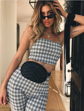 Grey Plaid Cropped Top Flared Pants (2 Piece Set)