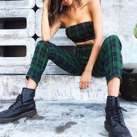 Green Plaid Trousers With Zipper Pockets