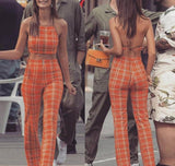 Orange Plaid Top & Trousers Two Piece Set
