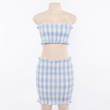 Blue Plaid Tube Top And Skirt (2 Piece Set)