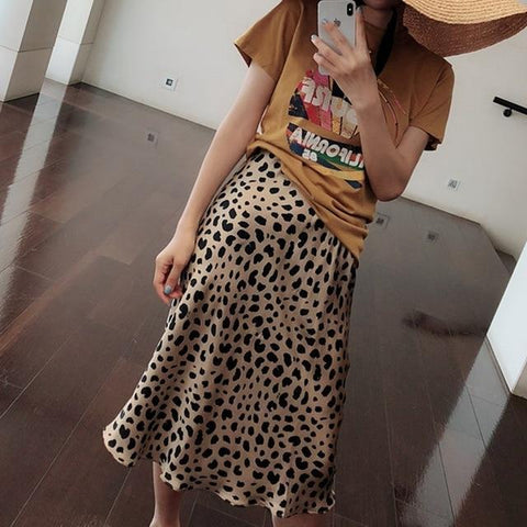 High Waisted Leopard Midi Skirt