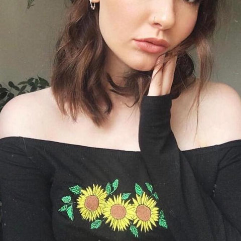 Embroidered Sunflower Cut Shoulder Top