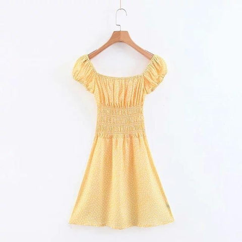 Yellow Floral Mini Dress With Puff Shoulder
