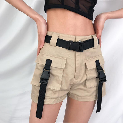 High Waisted Khaki Buckled Cargo Shorts